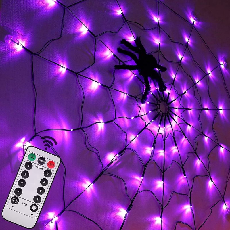 Halloween Spider Web String Lights - 70 LEDs, Purple, 8 Modes, Battery Operated
