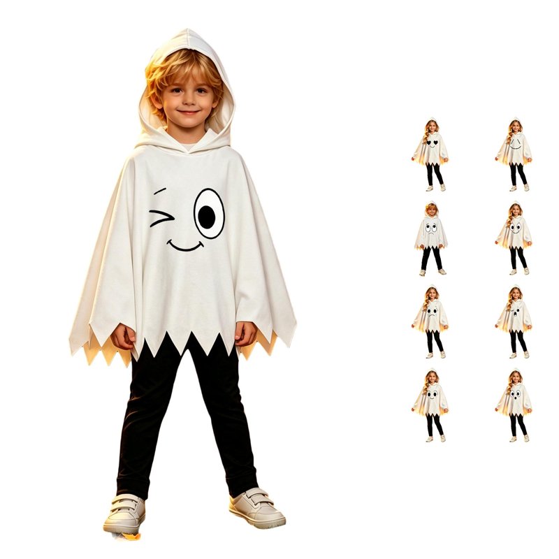 Kids Ghost Face Costume Set with Hooded Cape and Pants - E-White, 6-7 Years