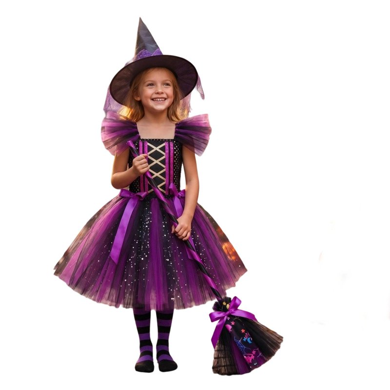 Girls Halloween Witch Costume Dress with Accessories - Purple, 3-4 Years