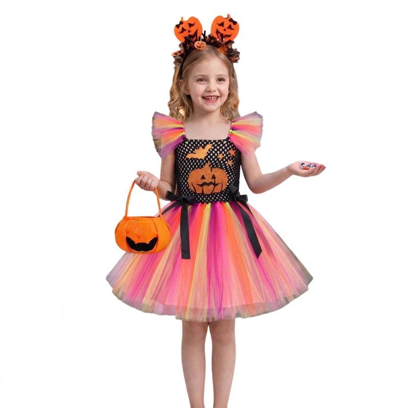 Multicolour Girls Halloween Costume Dress with Accessories for 9-10 Years - Princess Pumpkin Theme