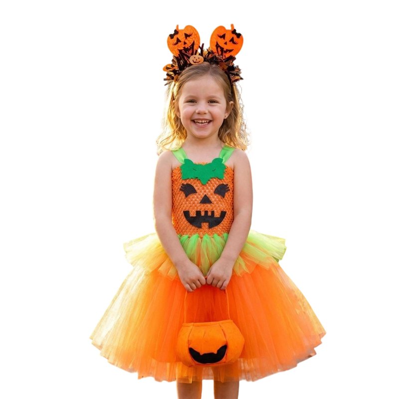 Kids Halloween Costume Dress with Accessories - Multicolour Princess Pumpkin Theme, 9-10 Years - Fancy Dress Costume