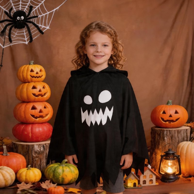 Kids Halloween Costume Ghost Face Cape Unisex Glow-in-the-Dark Dress Up for 7-9 Years - Black, Fancy Dress