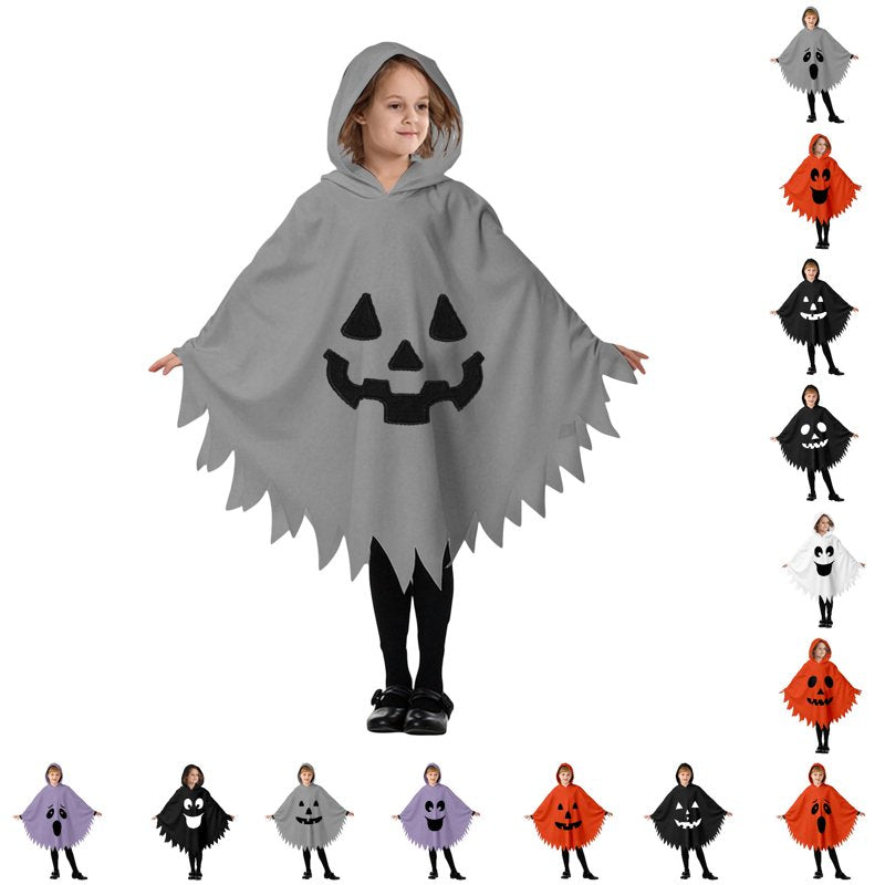 Grey Ghost Face Kids Halloween Costume Cape for Boys and Girls 10-12 Years - Unisex Hooded Dress Up