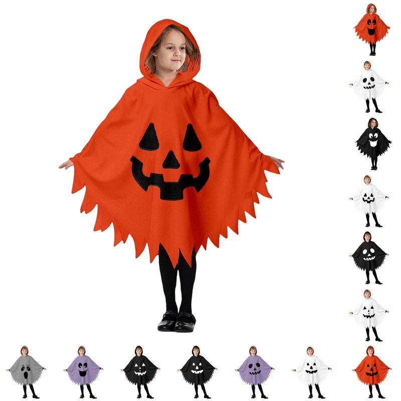 Kids Halloween Costume Hooded Pumpkin Face Cape - Unisex Dress Up Clothes, 7-9 Years - Orange-B Fancy-Dress Costumes