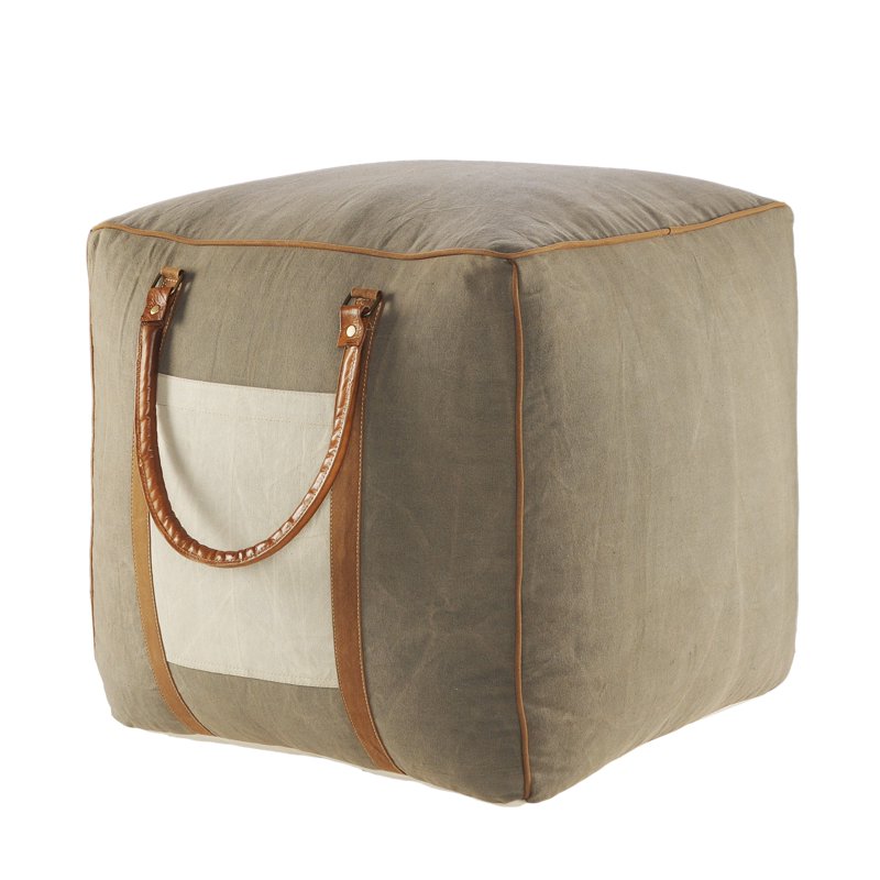 Lr Home Medium Taupe Bordered Indoor Square Pouf - 20x20x20 Inch