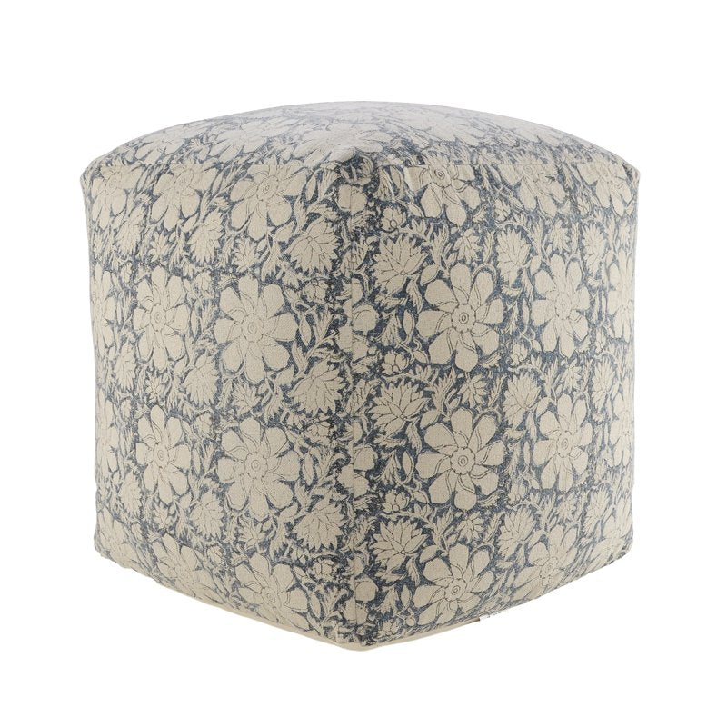 Medium Floral Indoor Square Pouf - Beige & Blue, 20x20x20 Inches - Handmade Geometric Design
