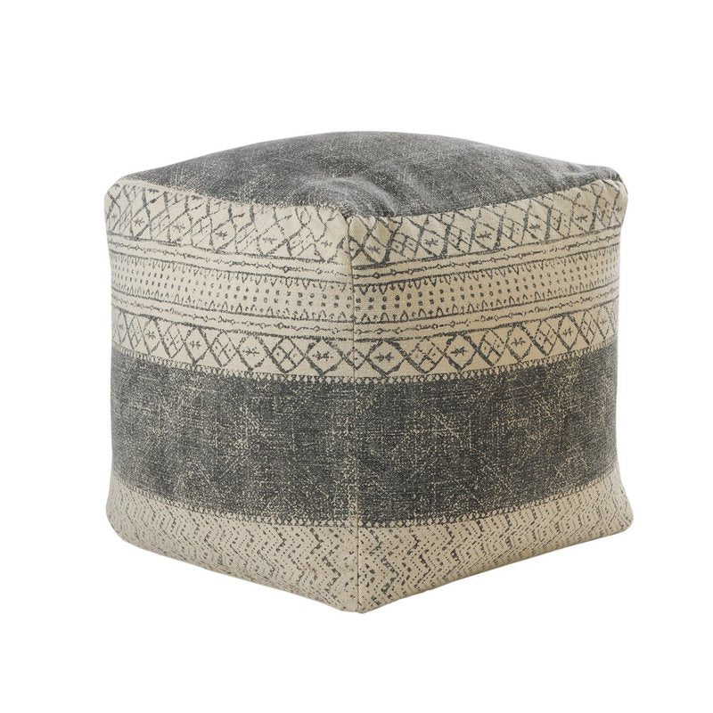 Gray/Beige Medium Tribal Indoor Square Pouf 20x20 Inch - Handcrafted Geometric Footstool