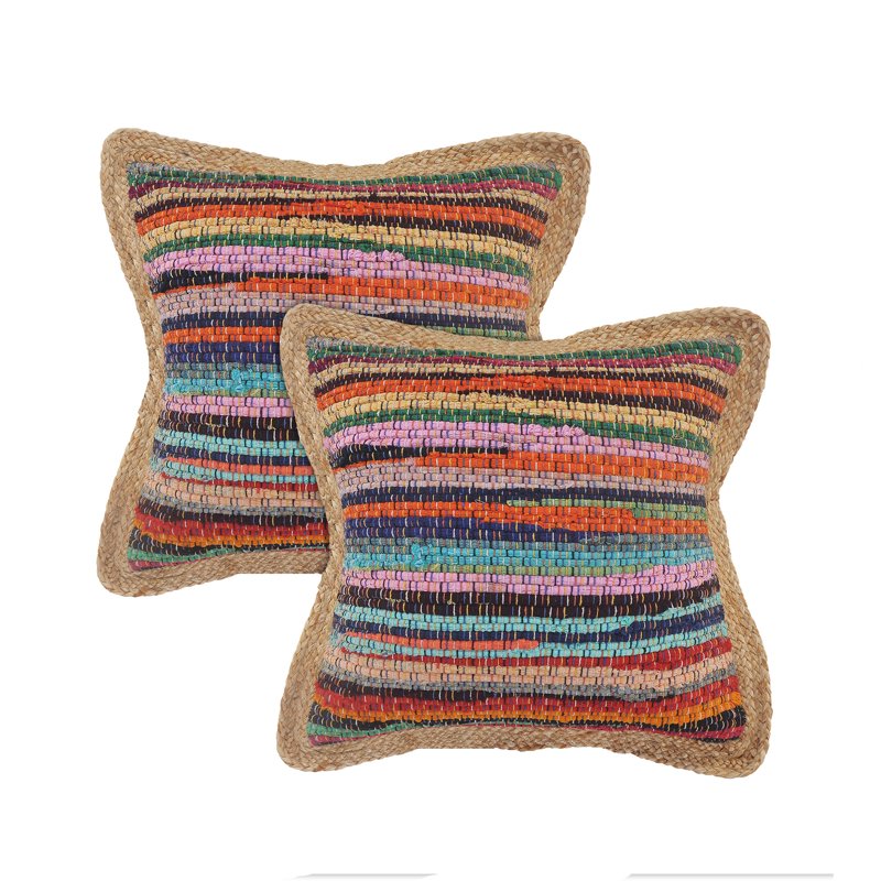 Rainbow 20x20 Inch Jute Border Striped Decorative Throw Pillow Set - Set of 2