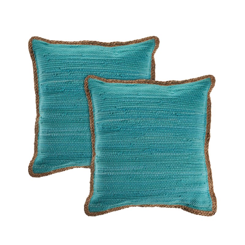 Set of 2 Teal Blue 20x20 Inch Jute Border Cotton Blend Throw Pillows