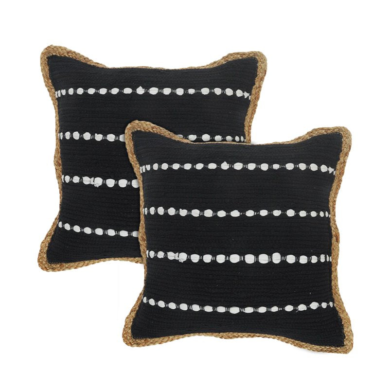 18x18 Black White Jute Border Striped Cotton Throw Pillow Set - Set of 2