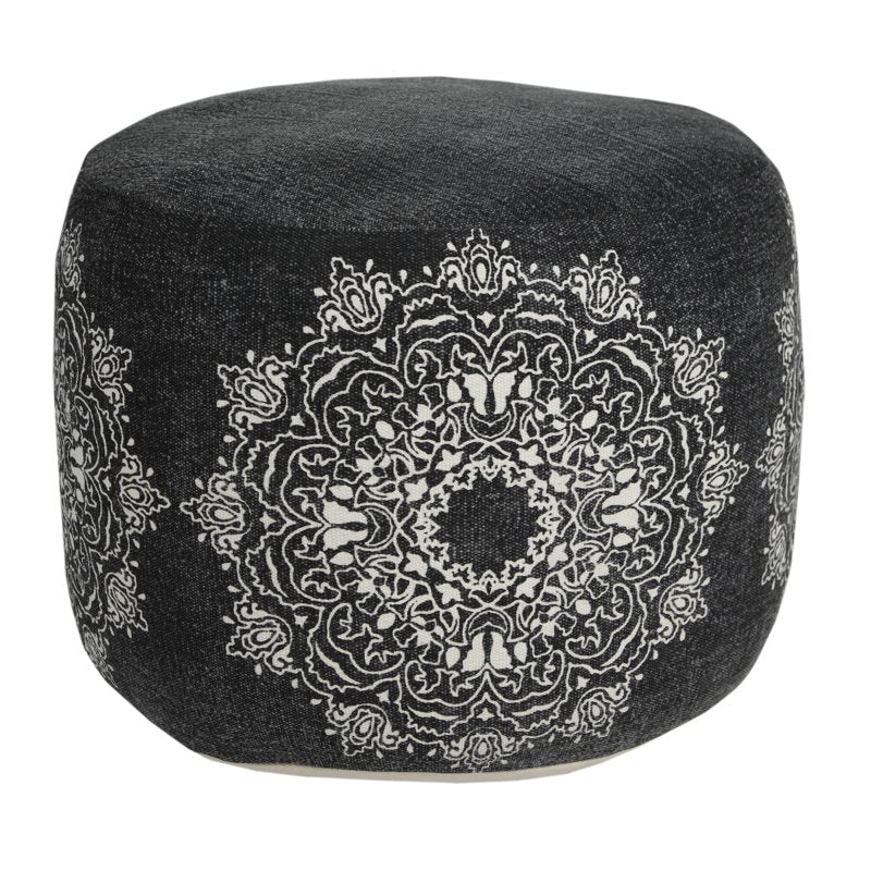 Round Black Medallion Pouf Ottoman - 14 Inch Height, 18 Inch Wide, Versatile Decor