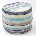 Indoor Blue and Cream Striped Pouf Ottoman - 14x18 Inch, Versatile Seat & Footrest