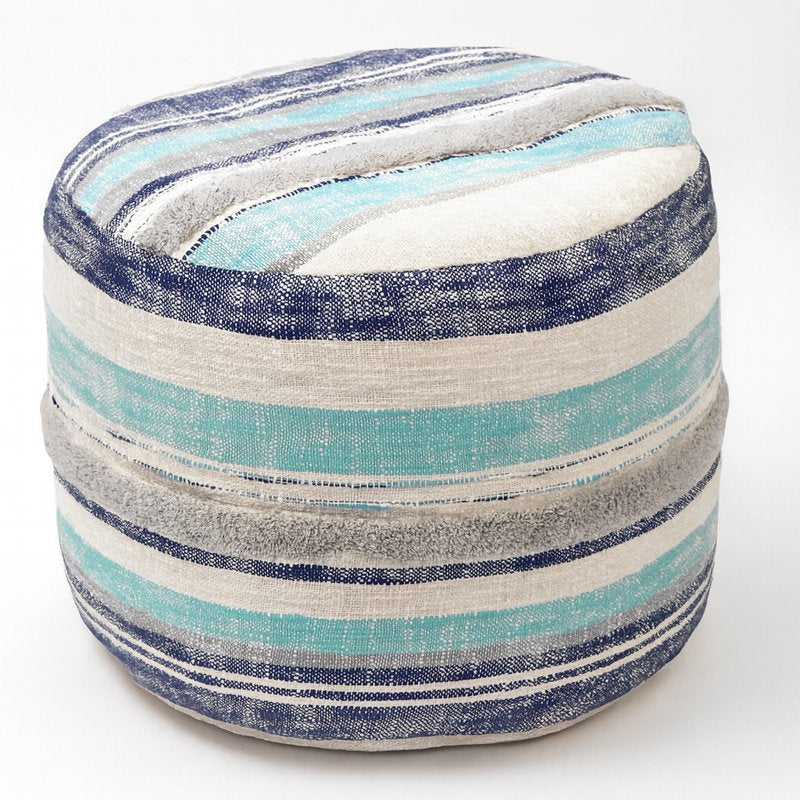 Indoor Blue and Cream Striped Pouf Ottoman - 14x18 Inch, Versatile Seat & Footrest