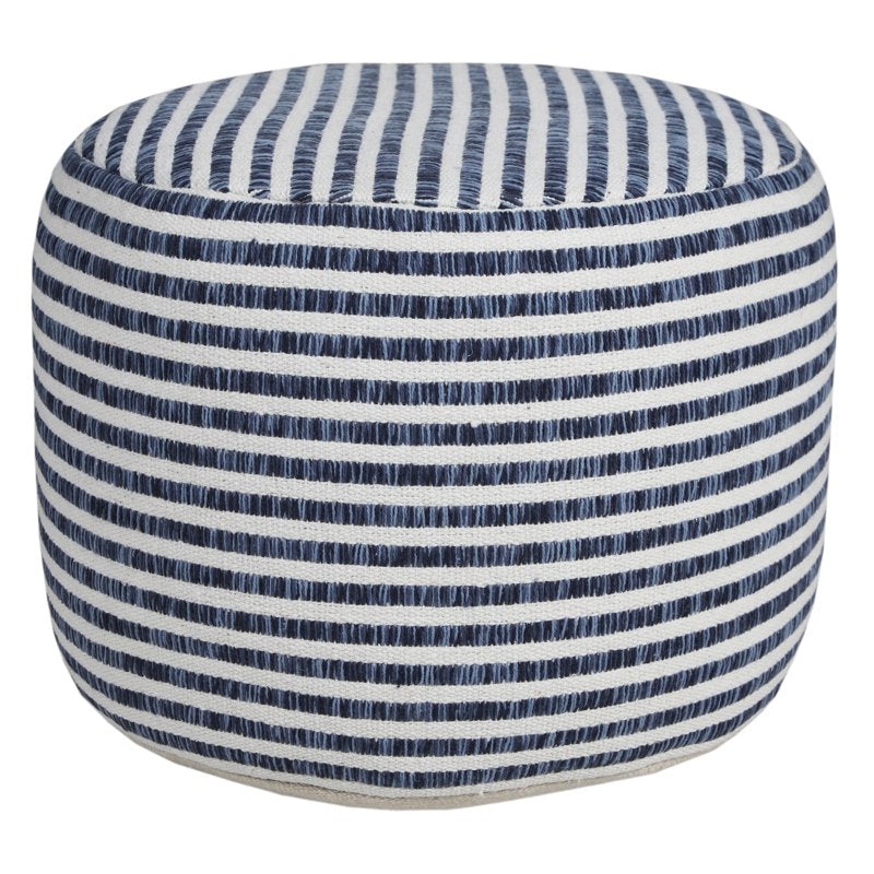 Navy/White Striped Indoor Pouf Ottoman 14x18 Inch - Small Round Footstool