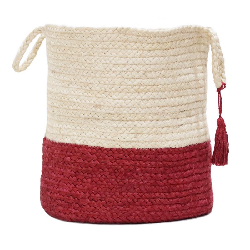 Woven Round Jute Storage Basket with Handles - 19 Inch, Red/White Stripe