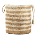 Round Woven Jute Storage Basket with Handles - 19 Inch, White Multi Stripe
