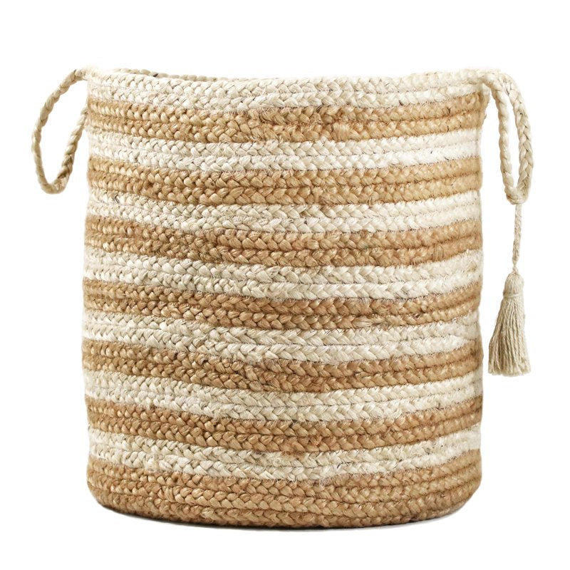 Round Woven Jute Storage Basket with Handles - 19 Inch, White Multi Stripe