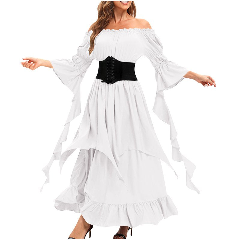Women's Renaissance Dress - White, Size M, Long Sleeve Solid Summer Dress