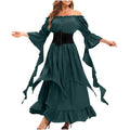 Army Green Renaissance Dress for Women L - Spring/Summer Solid Long Sleeve Round-Neck Casual Dress