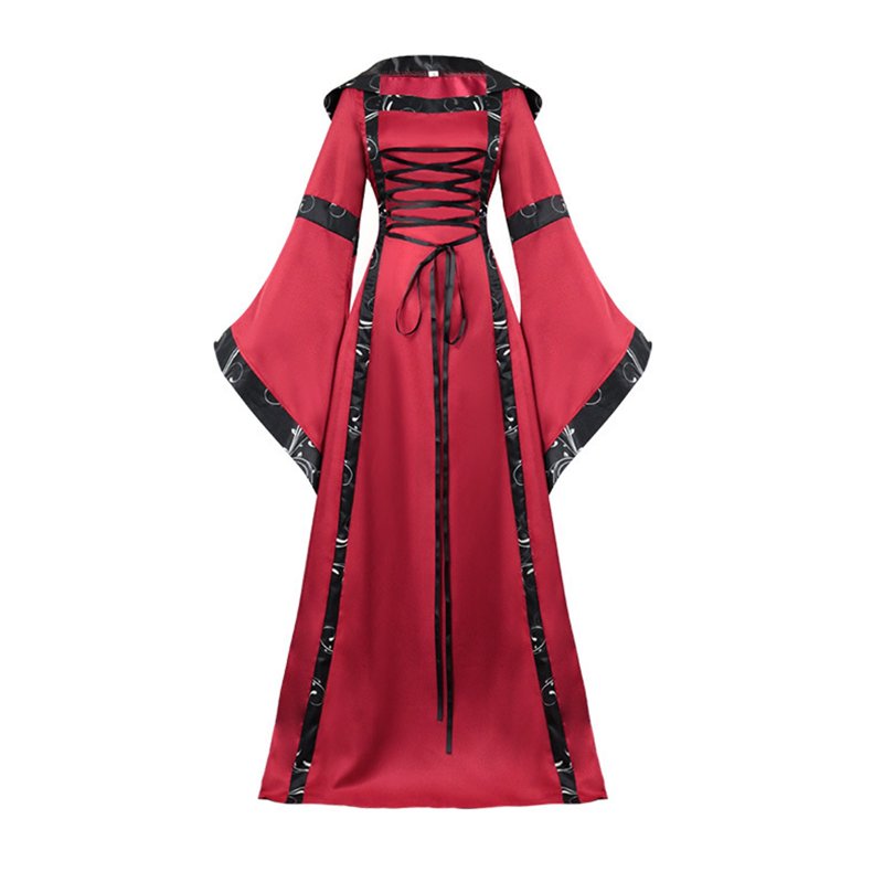 Women's Long Sleeve Gothic Splicing Dress - Halloween Cosplay XL Black+Red