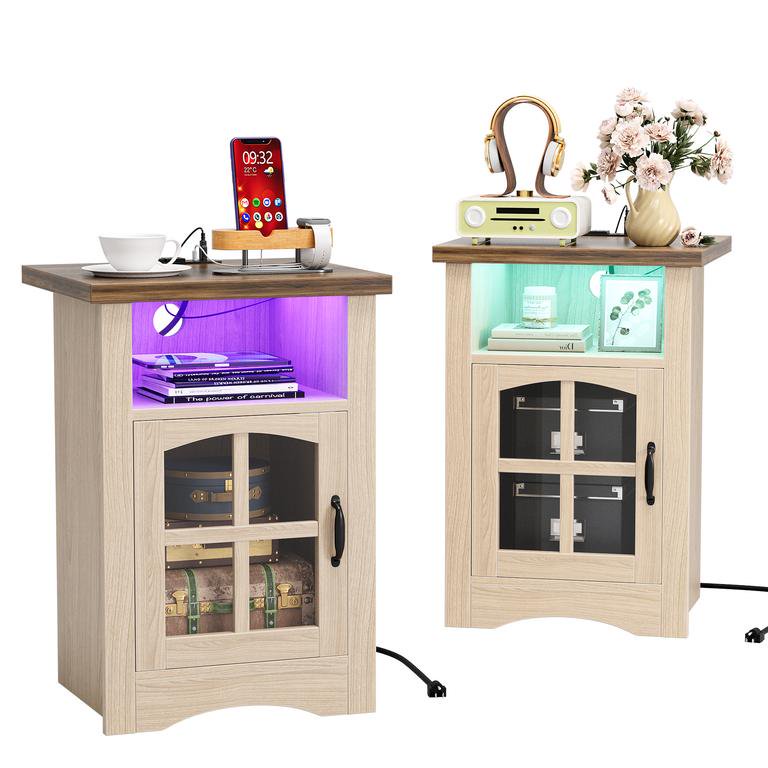 LED End Table Set of 2 with Power Outlet & Glass Door