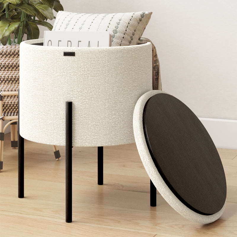 Small Round Ottoman with Storage - Upholstered Foot Stool