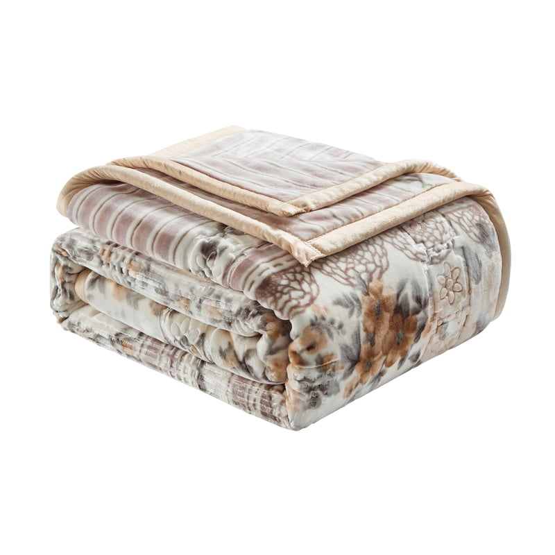 King Size Korean Mink Fleece Blanket - Beige Floral Reversible Heavyweight Bed Cover