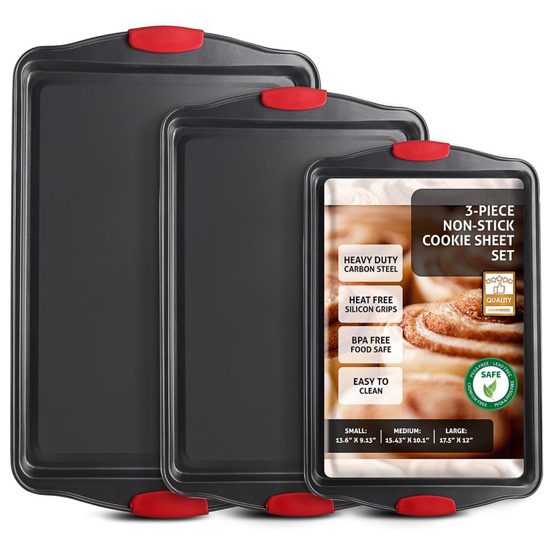 Non-Stick Baking Sheet Set - 3 Piece Carbon Steel with Silicone Handles