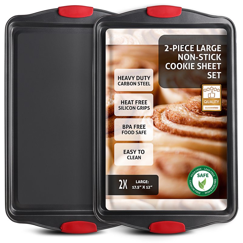 Non-Stick Carbon Steel Baking Sheet Set - 2 Large Pieces with Silicone Handles