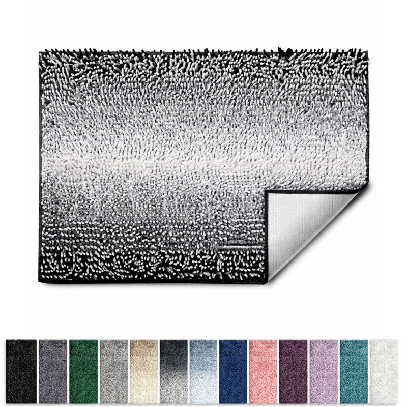 Non Slip Chenille Bathroom Rug - 26x44 Black Ombre Bath Mat, Ultra Absorbent