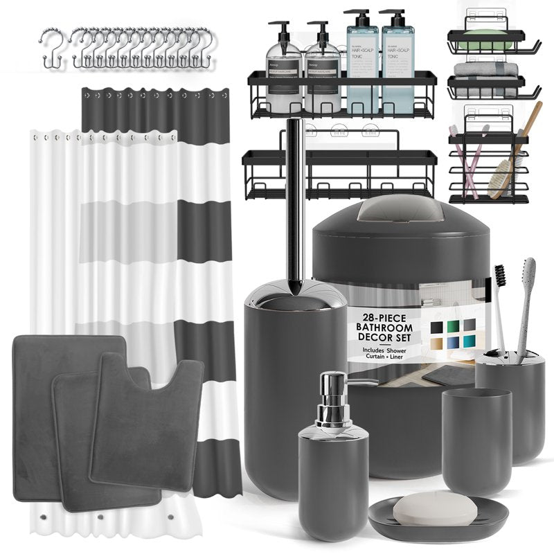 Lammaloe Gray Bathroom Accessory Set with Shower Curtain & Rugs - 28 Pieces