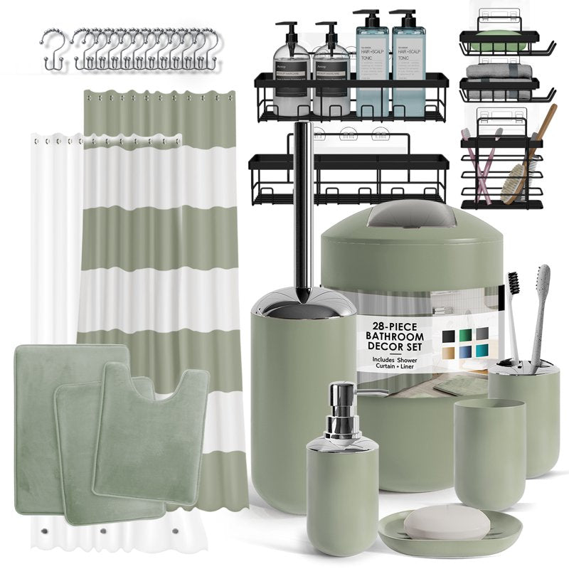 Lammaloe Sage Green Bathroom Accessories Set - Complete 28-Piece with Shower Curtain & Rugs