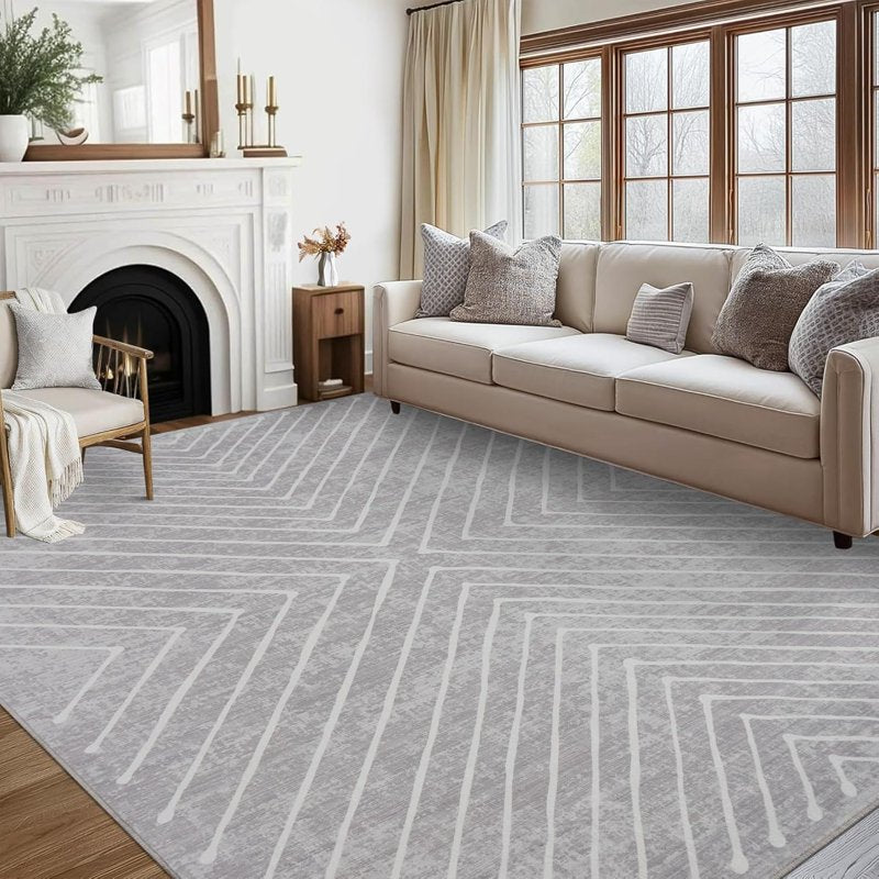 Large Washable Geometric Floor Rug 10x13 Light Grey Non-Slip Indoor Mat