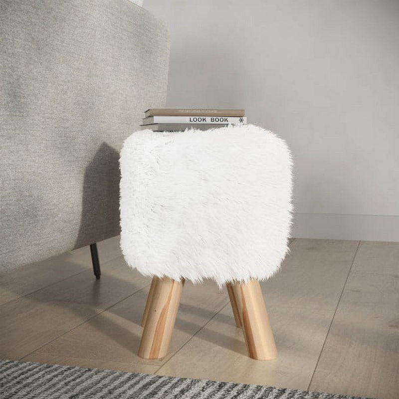 Round Faux Fur Ottoman - 11-Inch Accent Stool in White