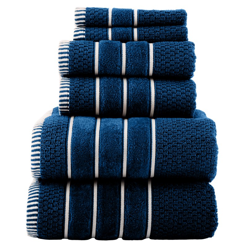Luxury 6-Piece Cotton Bath Towel Set with Rice Weave - Navy