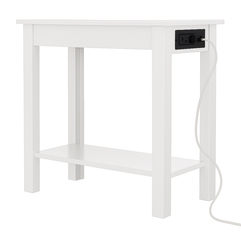 Narrow Side Table with Charging Station & Storage Shelf