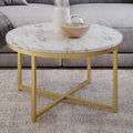 Modern Round Coffee Table - Faux Marble Top - White/Gold