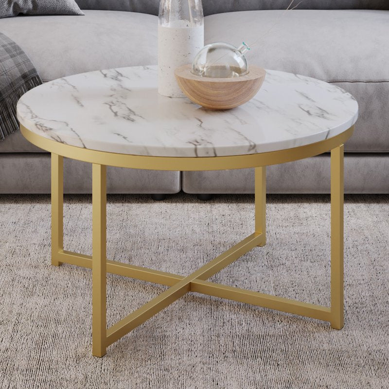 Modern Round Coffee Table - Faux Marble Top - White/Gold