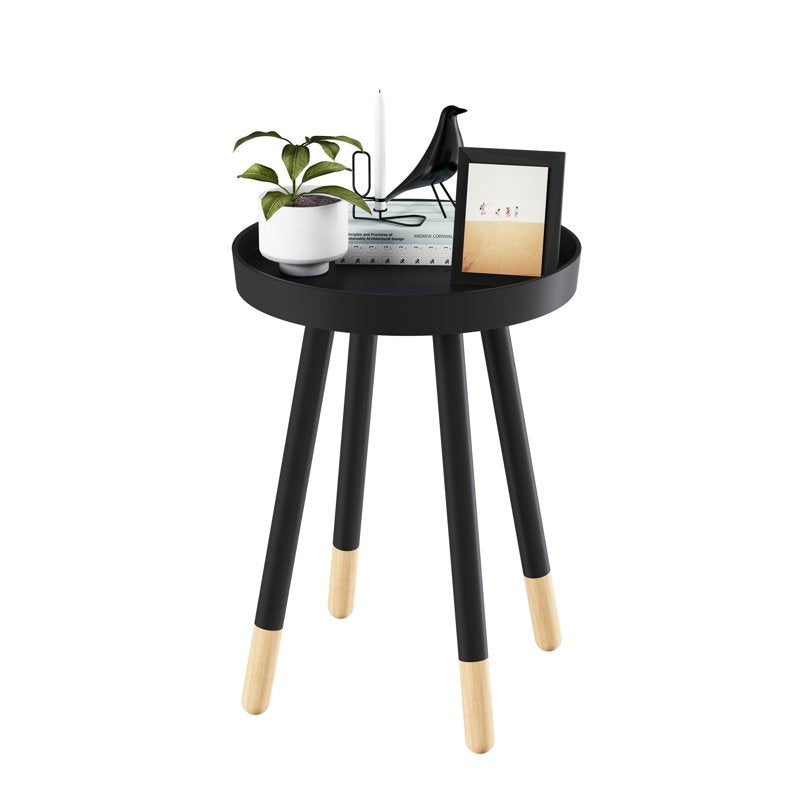 Modern Round Side Table with Tray Top - Black Wooden Accent Table
