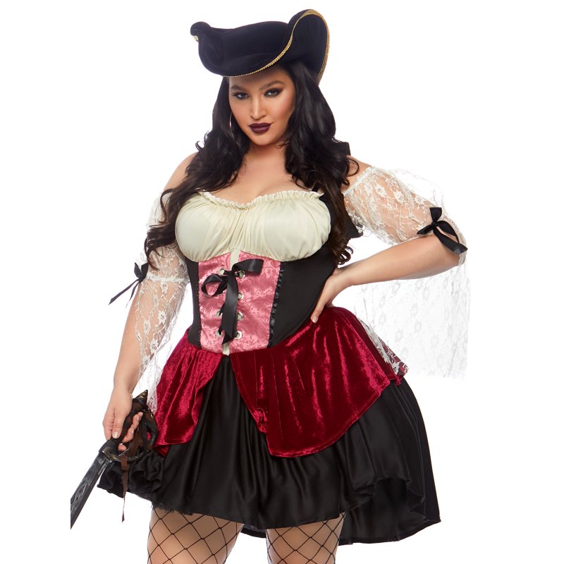 Pirate Women's Plus Size Wicked Wench Costume with Lace Details - Black 1X-2X