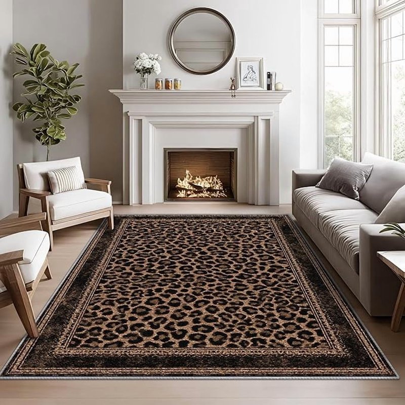 5' x 6' Leopard Print Rug for Living Room and Entryway - Brown Cheetah Animal Pattern Washable Area Rug