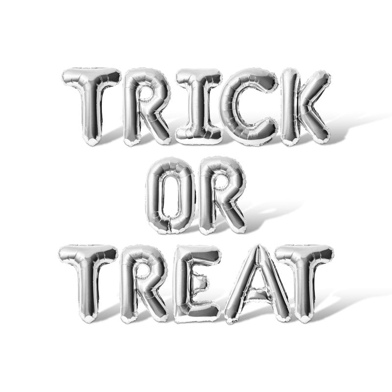 Silver Letter Balloons - Trick or Treat 16 Inch Foil Mylar Halloween Banner - Variation of THIS listing