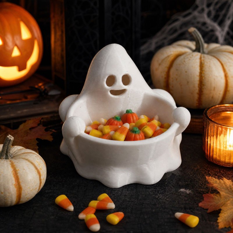 Ghost Candy Bowl - Cute Smiling Ghost Resin Halloween Snack Dish with Hands - Variation #012