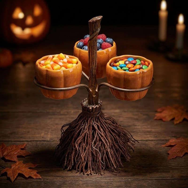 Halloween Candy Bowl Stand with Pumpkin Bowls & Broomstick Base - Variation #002