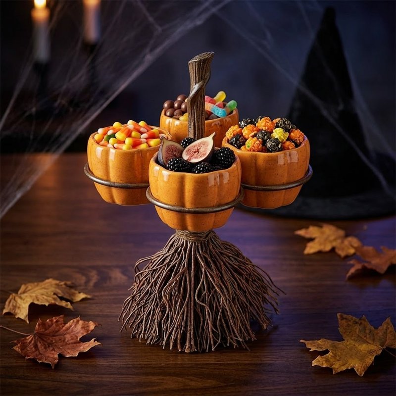 Halloween Candy Bowl Stand with Pumpkin Bowls & Broomstick Base - Variation #003