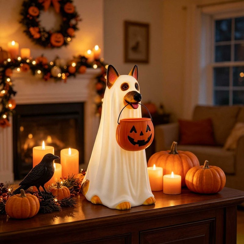 Halloween Ghost Dog Pumpkin Candy Bucket Light Up - Variation #028