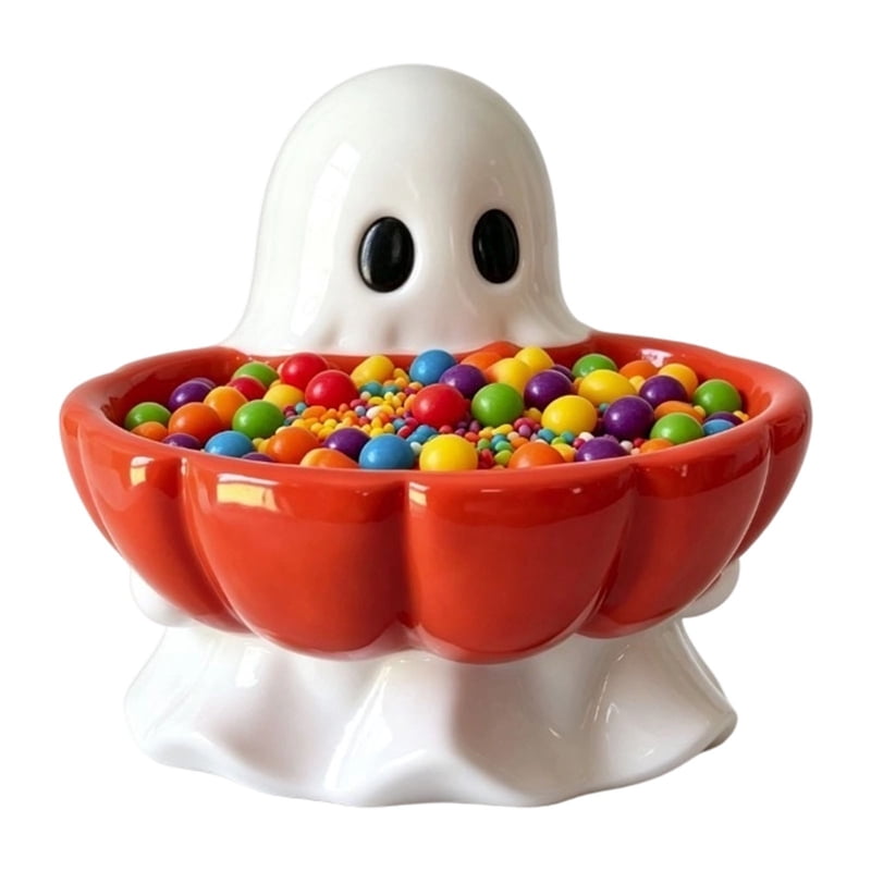 Halloween Ghost Pumpkin Candy Bowl - Cute Ceramic Ghost Figurine with Snack Dish - Variation #023