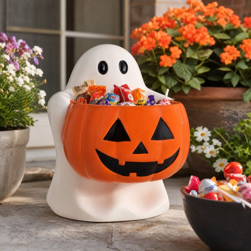 Halloween Ghost Pumpkin Candy Bowl - Cute Resin Figurine with Jack O Lantern - Variation #030