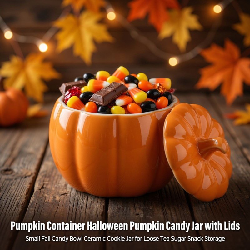 Halloween Pumpkin Candy Jar - Ceramic Storage Container with Lid - Variation #027