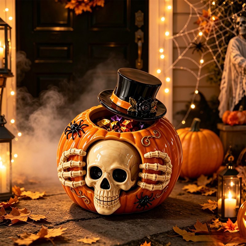 Liamobondopolis Halloween Skeleton Pumpkin Candy Jar with Black Top Hat & Spider - Variation #020